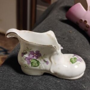 Porcelain Decorative Shoe Planter with Purple Floral Accent
